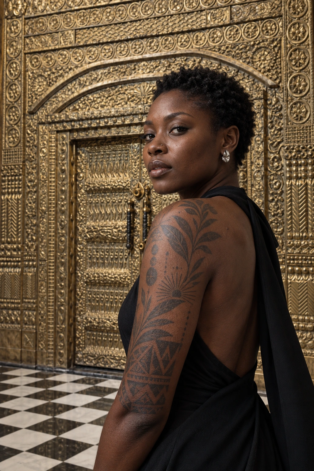 Portrait éditorial créé pour FITPAC 26 : peau tatouée et reliefs de la porte sculptée du Bushman Café.
